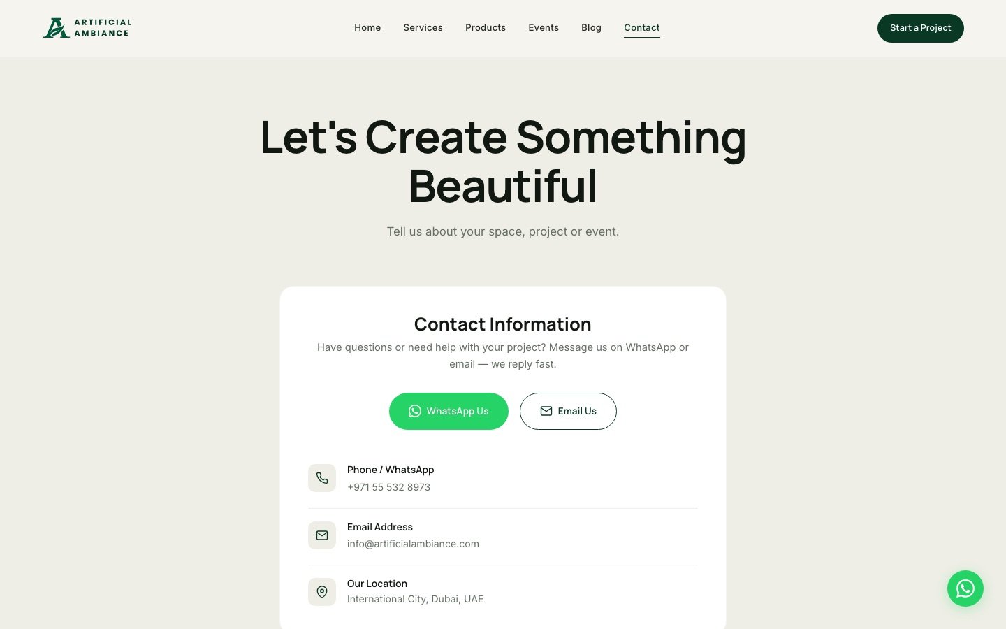 Artificial Ambiance contact page