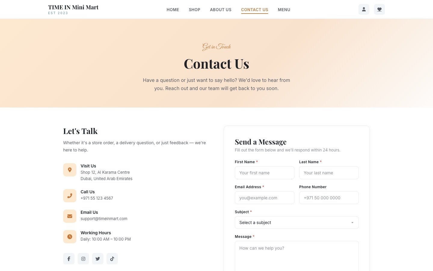 TIME IN Mini Mart contact page