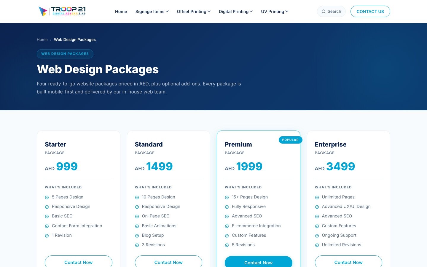 Troop 21 web design packages page