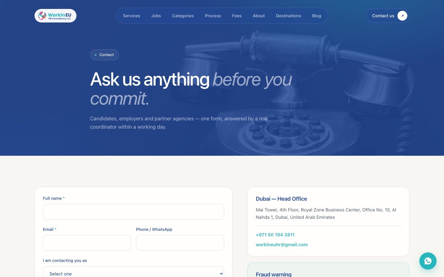 WorkinEU contact page