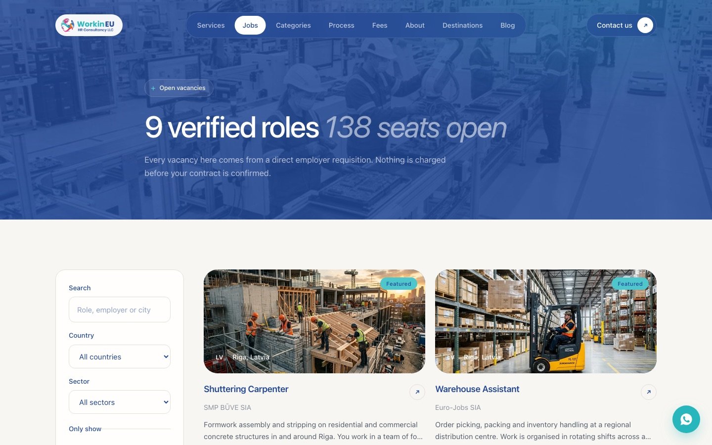 WorkinEU jobs listing page