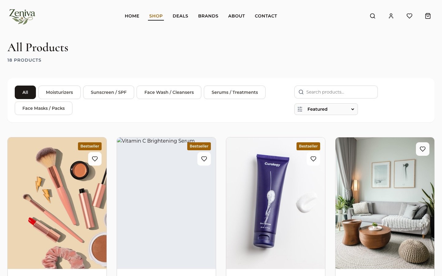 Zeniva shop page with category filters